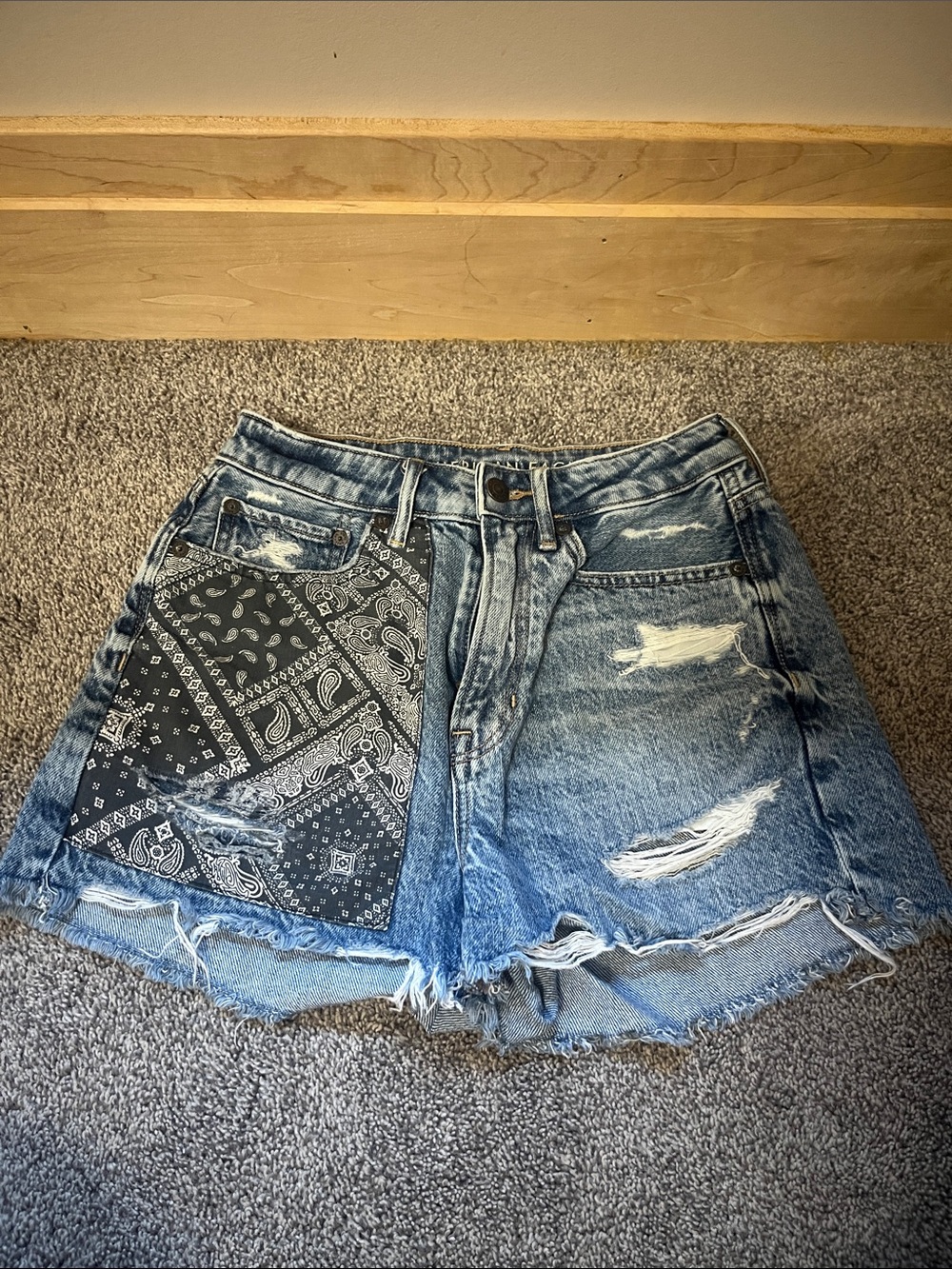 American Eagle Outfitters Blue Distressed Denim Shorts with Black Bandana Patch
